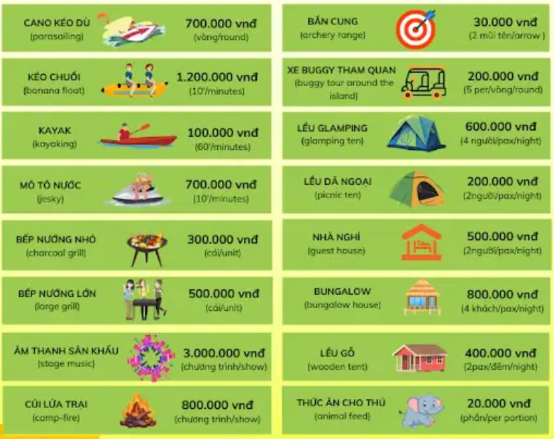 Bảng giá dịch vụ vui chơi tại đảo Hoa Lan