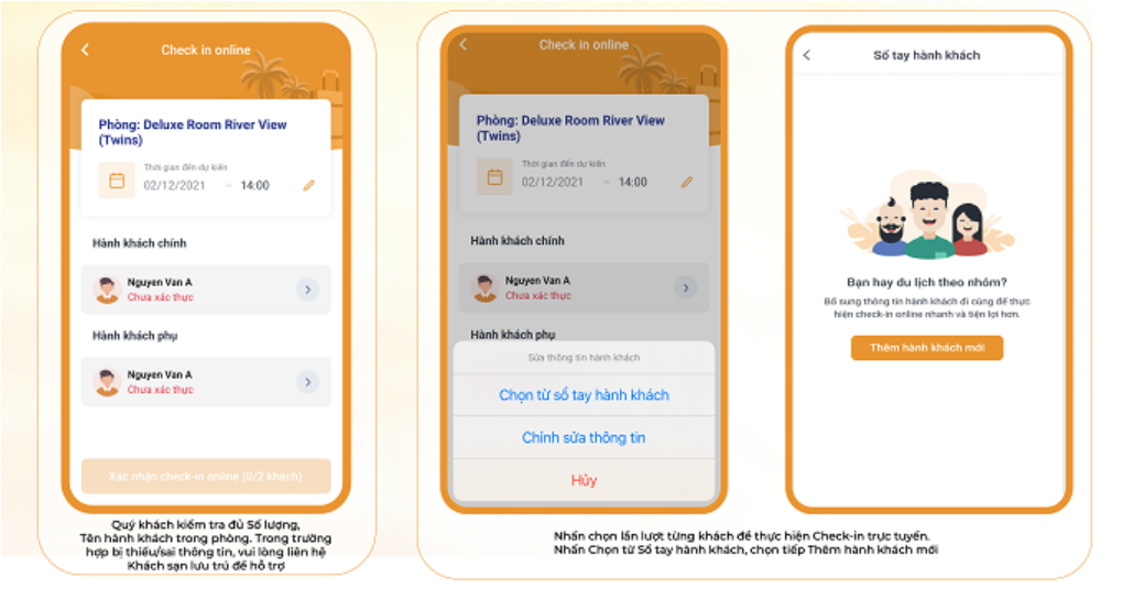 Bước 2, 3 check in online
