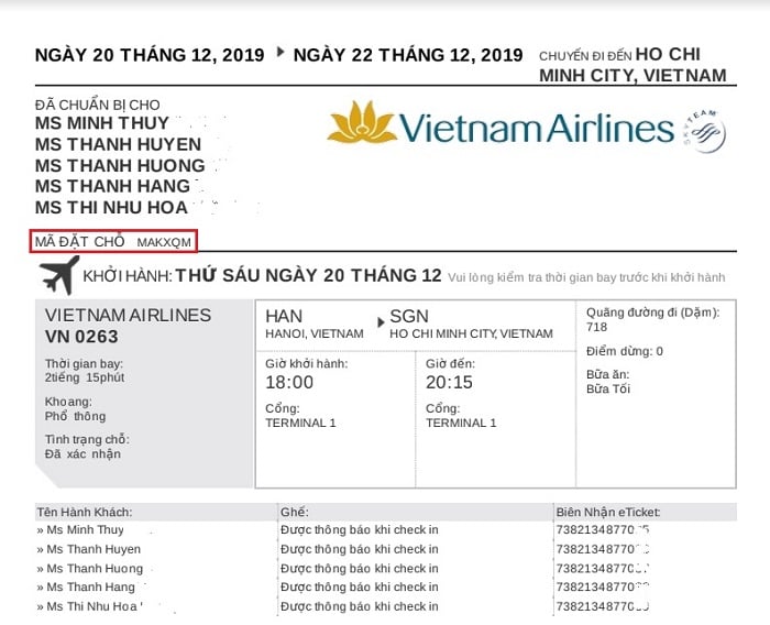 Kiểm tra vé máy bay đã đặt Vietnam Airlines