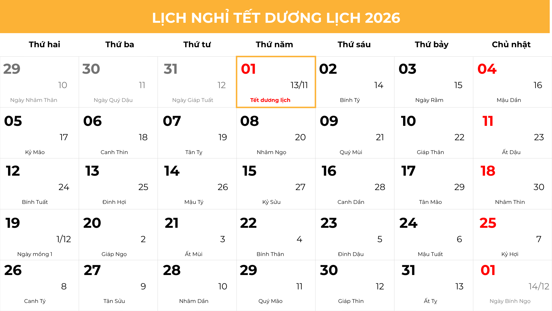lịch nghỉ Tết dương lịch 2026
