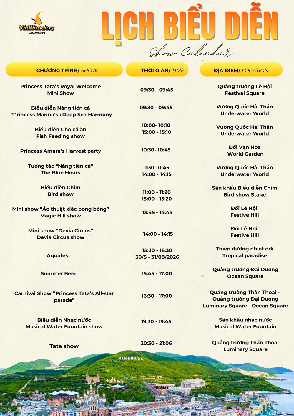 lịch sự kiện VinWonders Nha Trang