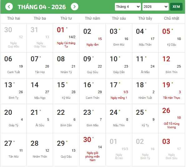 Lịch nghỉ Giỗ tổ Hùng vương 2026 ngày mấy